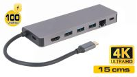 Cable adaptador USB-C 3.1 Macho - RJ45-G/HDMI/SD Card/2 x USB 3.1/PD 100W Gris 0.15m