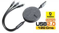 Cable retráctil Baseus 3 en 1 USB-A Macho USB-C, Lightning, Micro B, Máx 3.5A Gris 1.2m