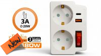 Adaptador divisor Schuko 1xM a 2xF 16A 2xUSB A+C com interruptor branco