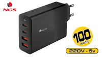 Cargador USB QC 3.0  100W  2 x USB-C + 2 x USB-A  Negro para portátil/tablet