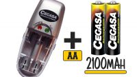 Cargador de pilas Cegasa AA/AAA compacto con 2 pilas recargables AA 2100mAh Gris