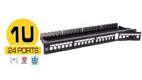 Panel frontal 19" para 24 conectores con organizador de cables negro.