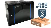 Rack Mural PHASAK 19" Eco Plus · 542 x 450 mm · Desmontado (Flat Pack) con puerta de vidrio templado