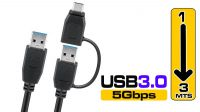 Cable USB 3.0 tipo A-A con adaptador para USB C Negro
